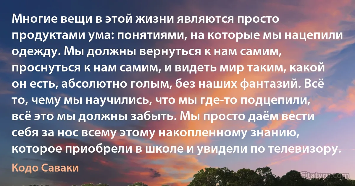 Многие вещи в этой жизни являются просто продуктами ума: понятиями, на которые мы нацепили одежду. Мы должны вернуться к нам самим, проснуться к нам самим, и видеть мир таким, какой он есть, абсолютно голым, без наших фантазий. Всё то, чему мы научились, что мы где-то подцепили, всё это мы должны забыть. Мы просто даём вести себя за нос всему этому накопленному знанию, которое приобрели в школе и увидели по телевизору. (Кодо Саваки)