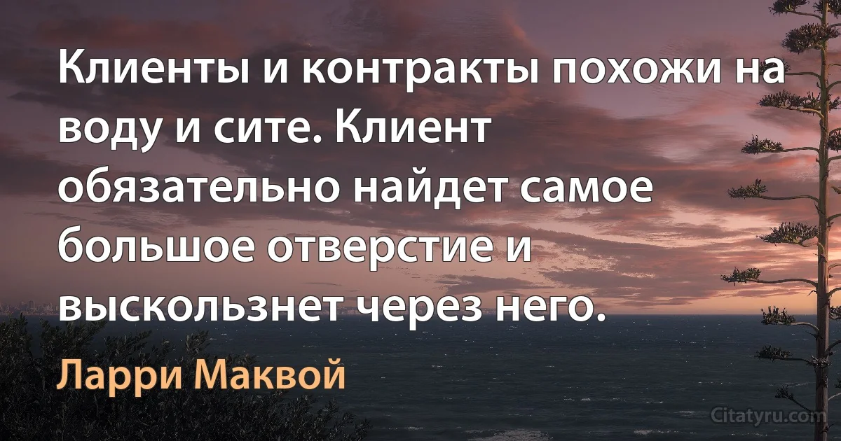 Клиенты и контракты похожи на воду и сите. Клиент обязательно найдет самое большое отверстие и выскользнет через него. (Ларри Маквой)