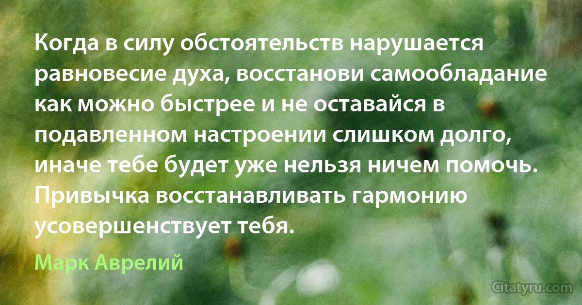 Когда в силу обстоятельств нарушается равновесие духа, восстанови самообладание как можно быстрее и не оставайся в подавленном настроении слишком долго, иначе тебе будет уже нельзя ничем помочь. Привычка восстанавливать гармонию усовершенствует тебя. (Марк Аврелий)