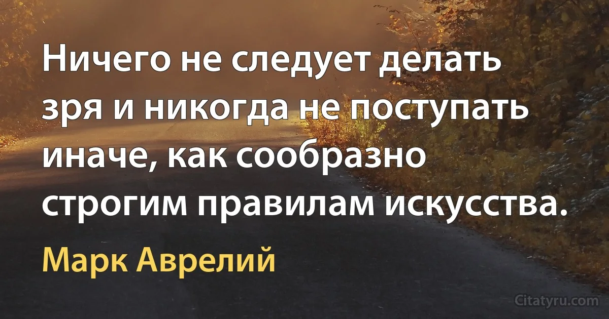 Ничего не следует делать зря и никогда не поступать иначе, как сообразно строгим правилам искусства. (Марк Аврелий)