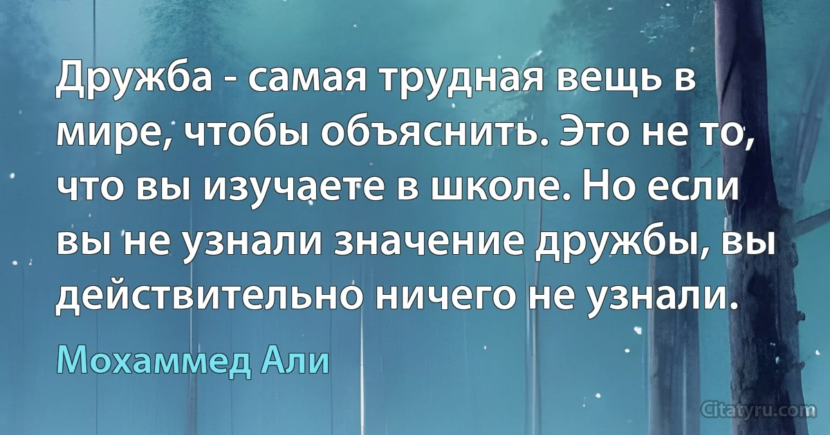 Дружба - самая трудная вещь в мире, чтобы объяснить. Это не то, что вы изучаете в школе. Но если вы не узнали значение дружбы, вы действительно ничего не узнали. (Мохаммед Али)