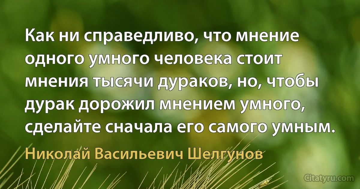 Как ни справедливо, что мнение одного умного человека стоит мнения тысячи дураков, но, чтобы дурак дорожил мнением умного, сделайте сначала его самого умным. (Николай Васильевич Шелгунов)