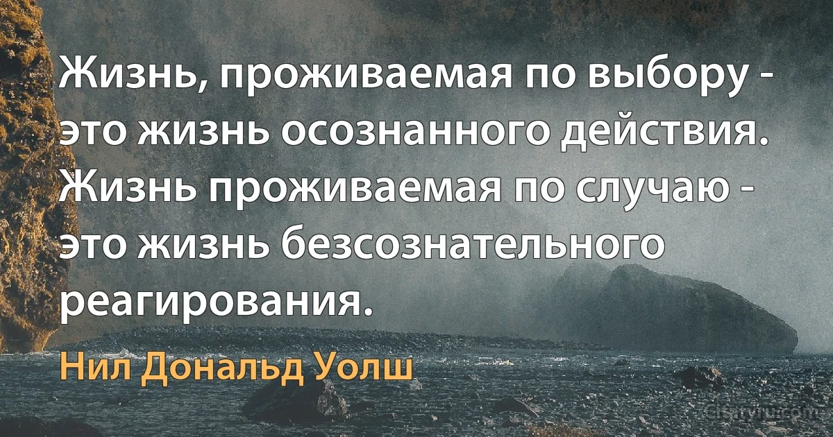 Жизнь, проживаемая по выбору - это жизнь осознанного действия. Жизнь проживаемая по случаю - это жизнь безсознательного реагирования. (Нил Дональд Уолш)