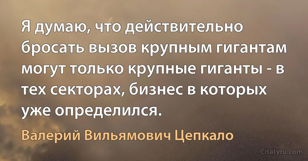 Я думаю, что действительно бросать вызов крупным гигантам могут только крупные гиганты - в тех секторах, бизнес в которых уже определился. (Валерий Вильямович Цепкало)