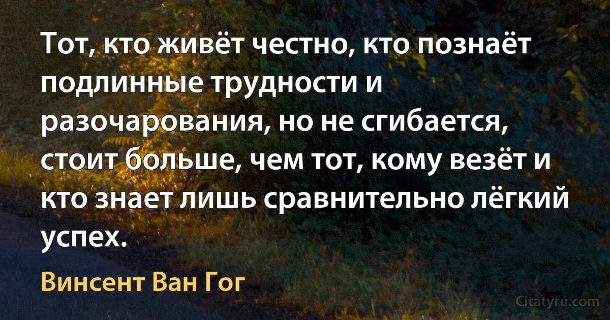 Тот, кто живёт честно, кто познаёт подлинные трудности и разочарования, но не сгибается, стоит больше, чем тот, кому везёт и кто знает лишь сравнительно лёгкий успех. (Винсент Ван Гог)