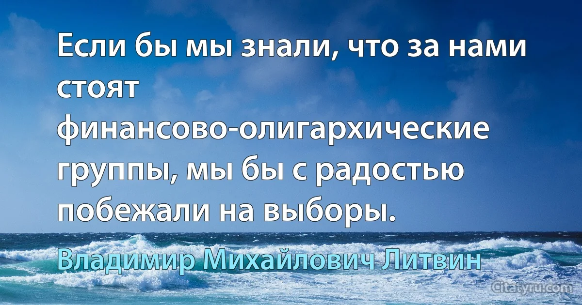 Если бы мы знали, что за нами стоят финансово-олигархические группы, мы бы с радостью побежали на выборы. (Владимир Михайлович Литвин)