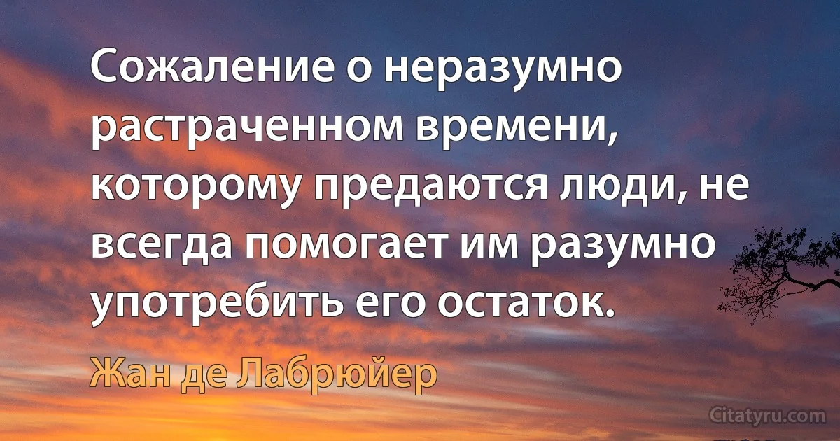 Сожаление о неразумно растраченном времени, которому предаются люди, не всегда помогает им разумно употребить его остаток. (Жан де Лабрюйер)