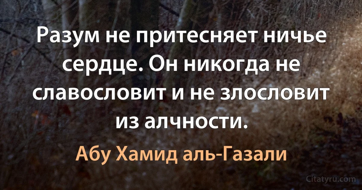 Разум не притесняет ничье сердце. Он никогда не славословит и не злословит из алчности. (Абу Хамид аль-Газали)