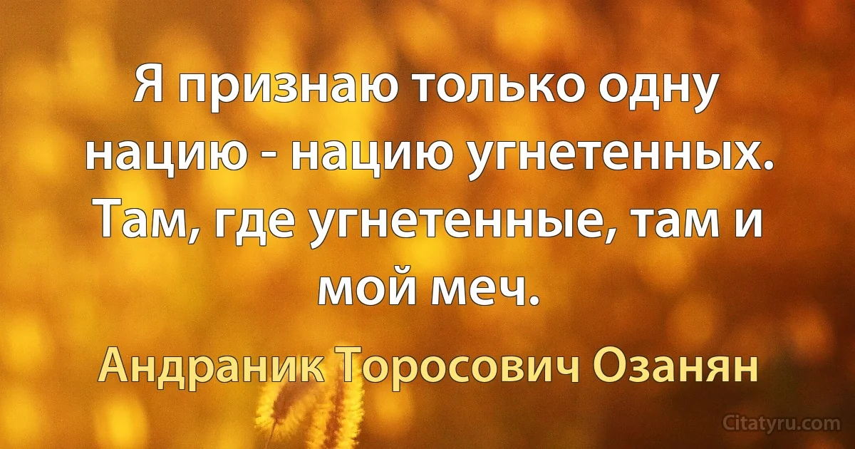 Я признаю только одну нацию - нацию угнетенных. Там, где угнетенные, там и мой меч. (Андраник Торосович Озанян)