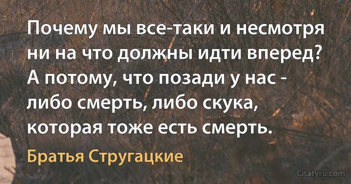 Почему мы все-таки и несмотря ни на что должны идти вперед? А потому, что позади у нас - либо смерть, либо скука, которая тоже есть смерть. (Братья Стругацкие)