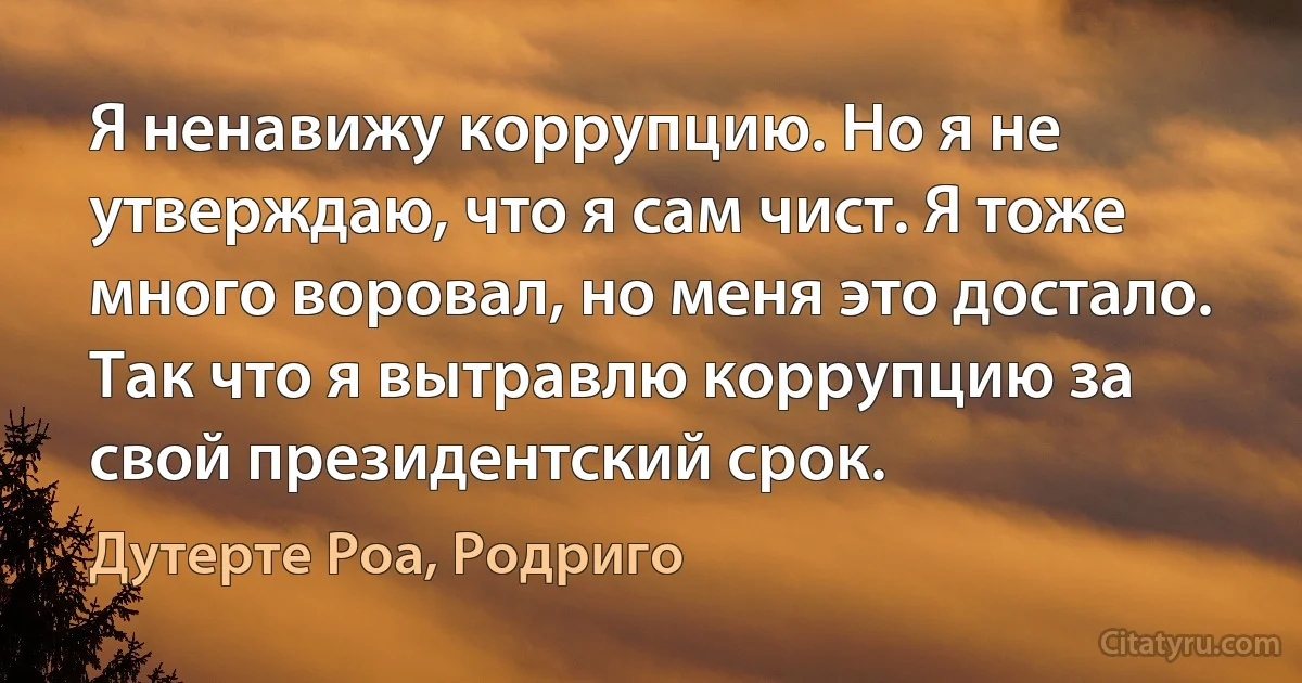 Я ненавижу коррупцию. Но я не утверждаю, что я сам чист. Я тоже много воровал, но меня это достало. Так что я вытравлю коррупцию за свой президентский срок. (Дутерте Роа, Родриго)