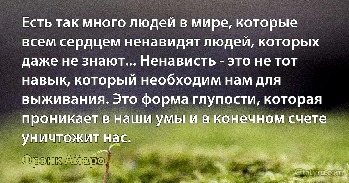 Есть так много людей в мире, которые всем сердцем ненавидят людей, которых даже не знают... Ненависть - это не тот навык, который необходим нам для выживания. Это форма глупости, которая проникает в наши умы и в конечном счете уничтожит нас. (Фрэнк Айеро)