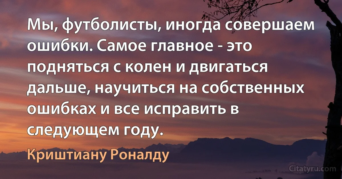 Мы, футболисты, иногда совершаем ошибки. Самое главное - это подняться с колен и двигаться дальше, научиться на собственных ошибках и все исправить в следующем году. (Криштиану Роналду)