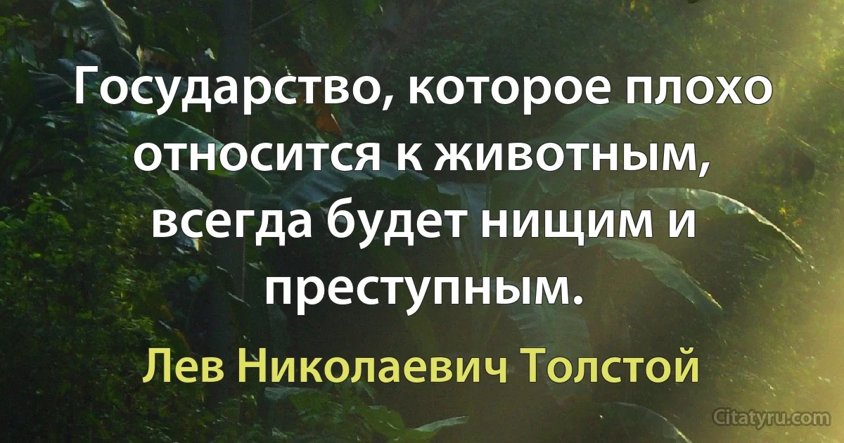 Государство, которое плохо относится к животным, всегда будет нищим и преступным. (Лев Николаевич Толстой)