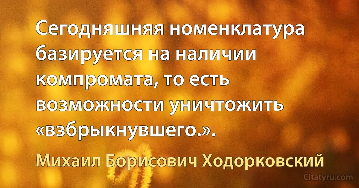 Сегодняшняя номенклатура базируется на наличии компромата, то есть возможности уничтожить «взбрыкнувшего.». (Михаил Борисович Ходорковский)