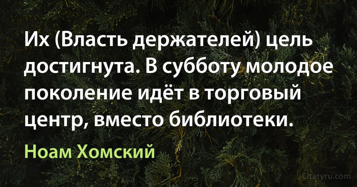 Их (Власть держателей) цель достигнута. В субботу молодое поколение идёт в торговый центр, вместо библиотеки. (Ноам Хомский)