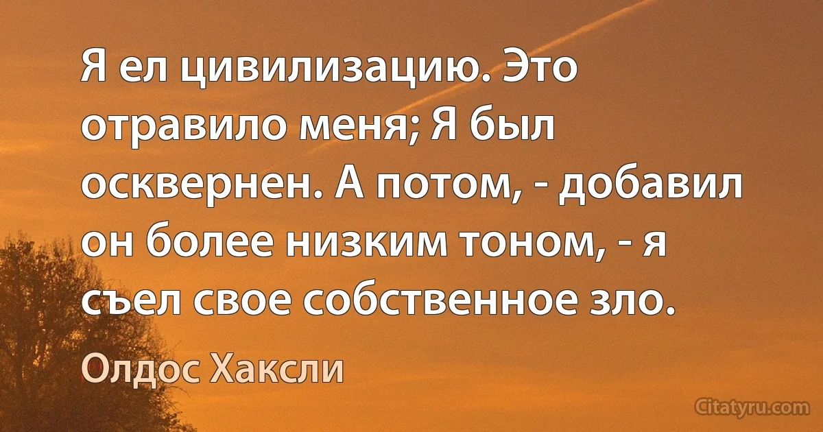 Я ел цивилизацию. Это отравило меня; Я был осквернен. А потом, - добавил он более низким тоном, - я съел свое собственное зло. (Олдос Хаксли)