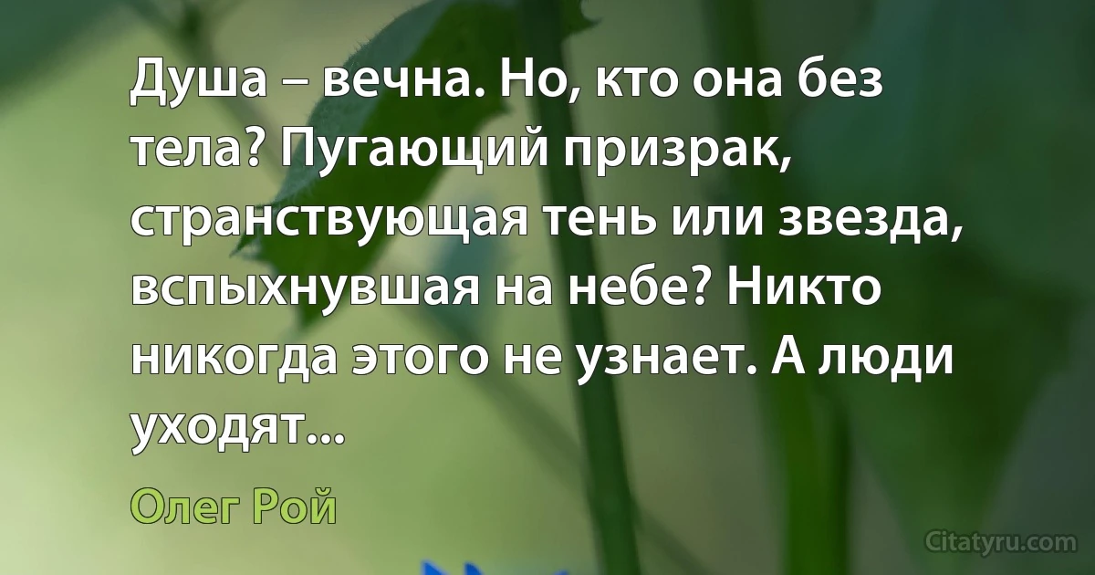 Душа – вечна. Но, кто она без тела? Пугающий призрак, странствующая тень или звезда, вспыхнувшая на небе? Никто никогда этого не узнает. А люди уходят... (Олег Рой)