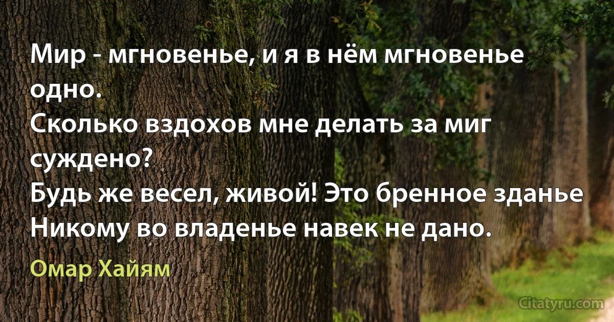 Мир - мгновенье, и я в нём мгновенье одно.
Сколько вздохов мне делать за миг суждено?
Будь же весел, живой! Это бренное зданье
Никому во владенье навек не дано. (Омар Хайям)