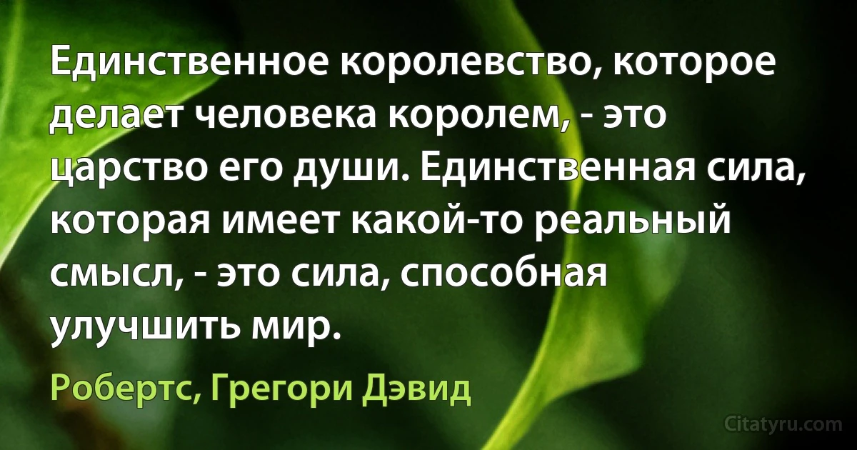 Единственное королевство, которое делает человека королем, - это царство его души. Единственная сила, которая имеет какой-то реальный смысл, - это сила, способная улучшить мир. (Робертс, Грегори Дэвид)