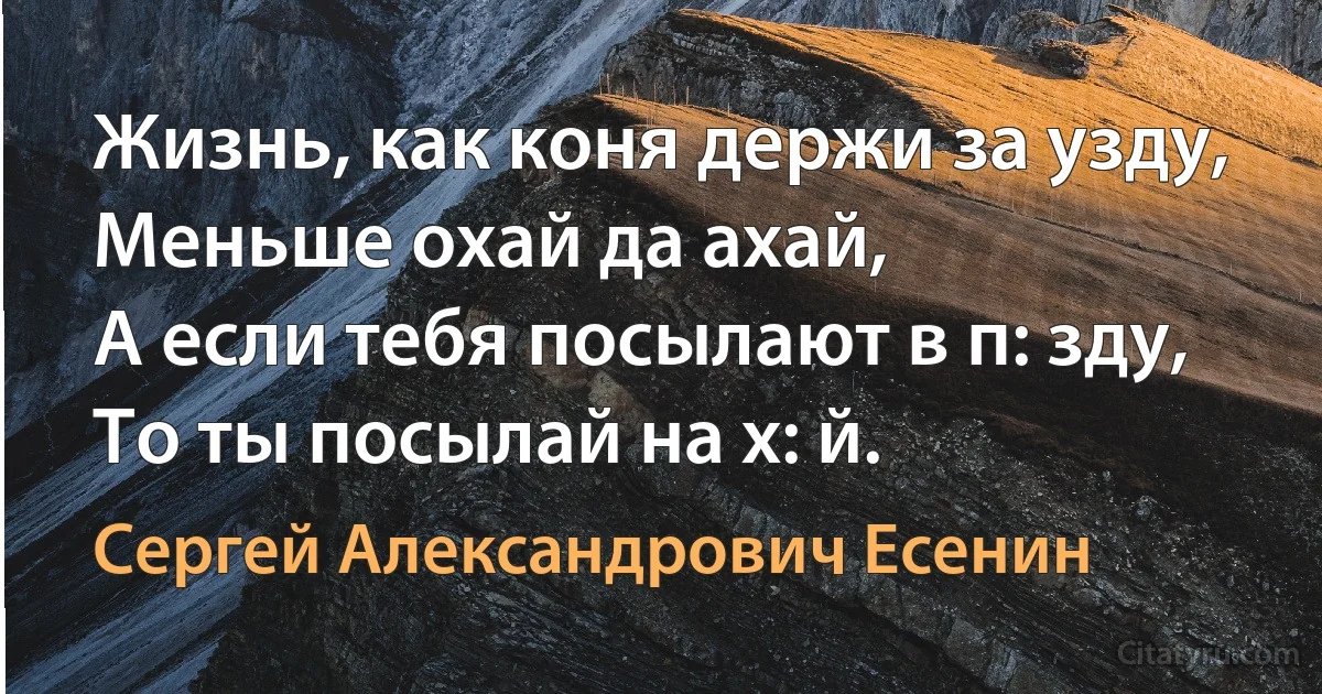 Жизнь, как коня держи за узду,
Меньше охай да ахай,
А если тебя посылают в п: зду,
То ты посылай на х: й. (Сергей Александрович Есенин)