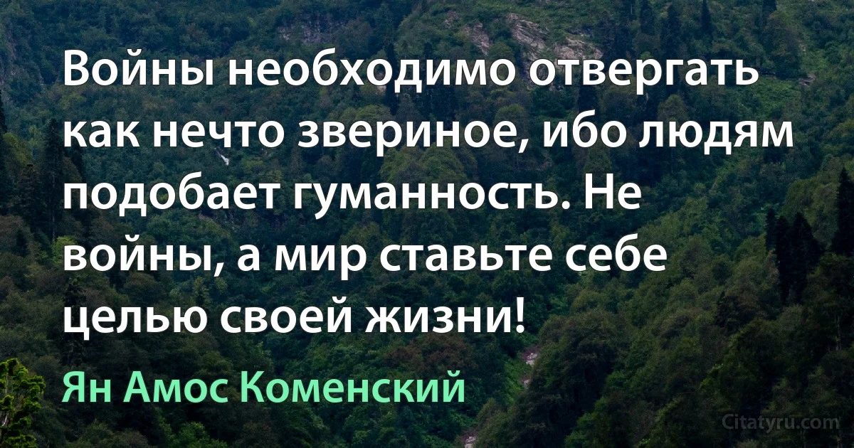 Войны необходимо отвергать как нечто звериное, ибо людям подобает гуманность. Не войны, а мир ставьте себе целью своей жизни! (Ян Амос Коменский)