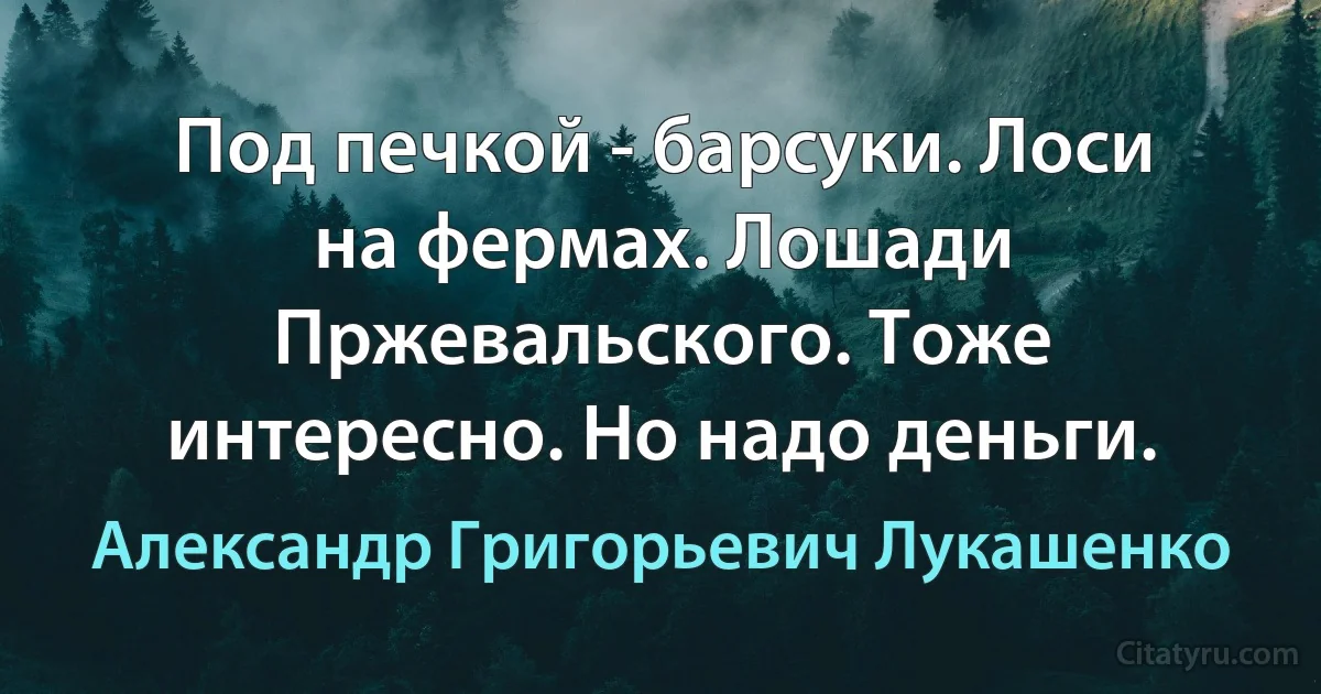 Под печкой - барсуки. Лоси на фермах. Лошади Пржевальского. Тоже интересно. Но надо деньги. (Александр Григорьевич Лукашенко)