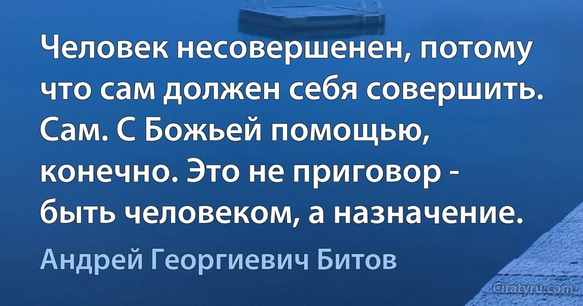 Человек несовершенен, потому что сам должен себя совершить. Сам. С Божьей помощью, конечно. Это не приговор - быть человеком, а назначение. (Андрей Георгиевич Битов)