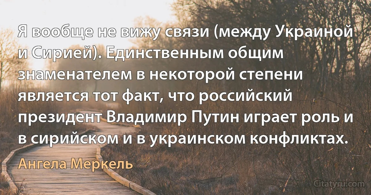 Я вообще не вижу связи (между Украиной и Сирией). Единственным общим знаменателем в некоторой степени является тот факт, что российский президент Владимир Путин играет роль и в сирийском и в украинском конфликтах. (Ангела Меркель)