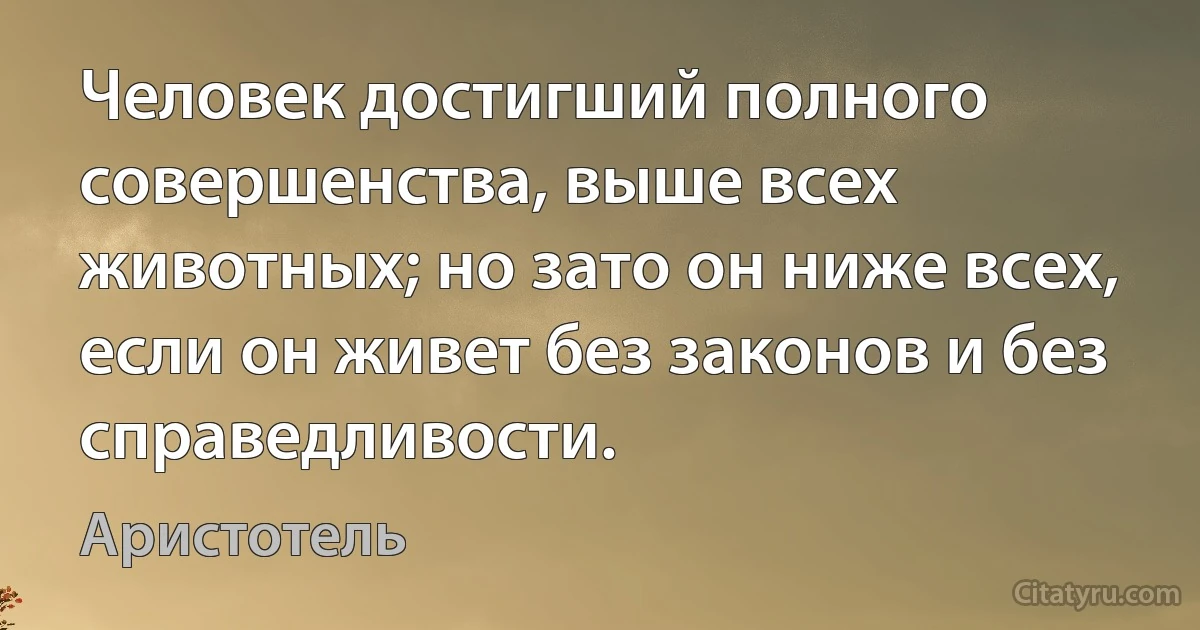 Человек достигший полного совершенства, выше всех животных; но зато он ниже всех, если он живет без законов и без справедливости. (Аристотель)