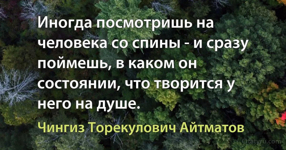 Иногда посмотришь на человека со спины - и сразу поймешь, в каком он состоянии, что творится у него на душе. (Чингиз Торекулович Айтматов)