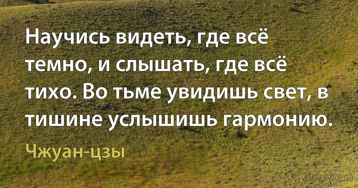 Научись видеть, где всё темно, и слышать, где всё тихо. Во тьме увидишь свет, в тишине услышишь гармонию. (Чжуан-цзы)