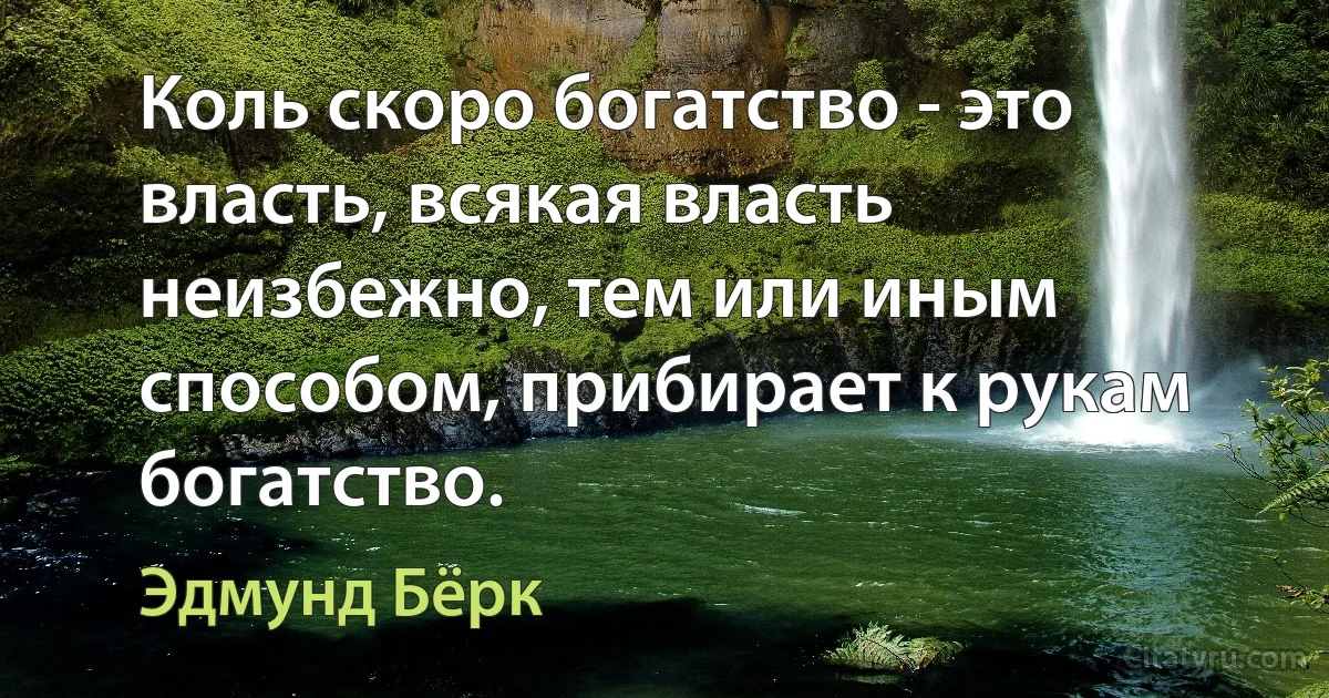 Коль скоро богатство - это власть, всякая власть неизбежно, тем или иным способом, прибирает к рукам богатство. (Эдмунд Бёрк)