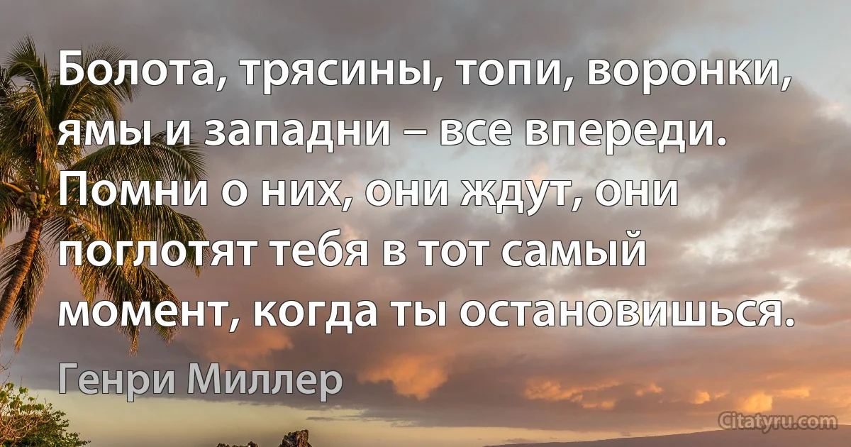 Болота, трясины, топи, воронки, ямы и западни – все впереди. Помни о них, они ждут, они поглотят тебя в тот самый момент, когда ты остановишься. (Генри Миллер)