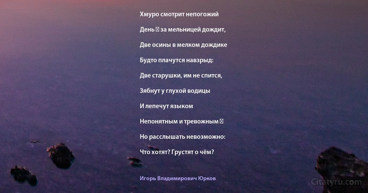 Хмуро смотрит непогожий

День ― за мельницей дождит,

Две осины в мелком дождике

Будто плачутся навзрыд:

Две старушки, им не спится,

Зябнут у глухой водицы

И лепечут языком

Непонятным и тревожным ―

Но расслышать невозможно:

Что хотят? Грустят о чём? (Игорь Владимирович Юрков)