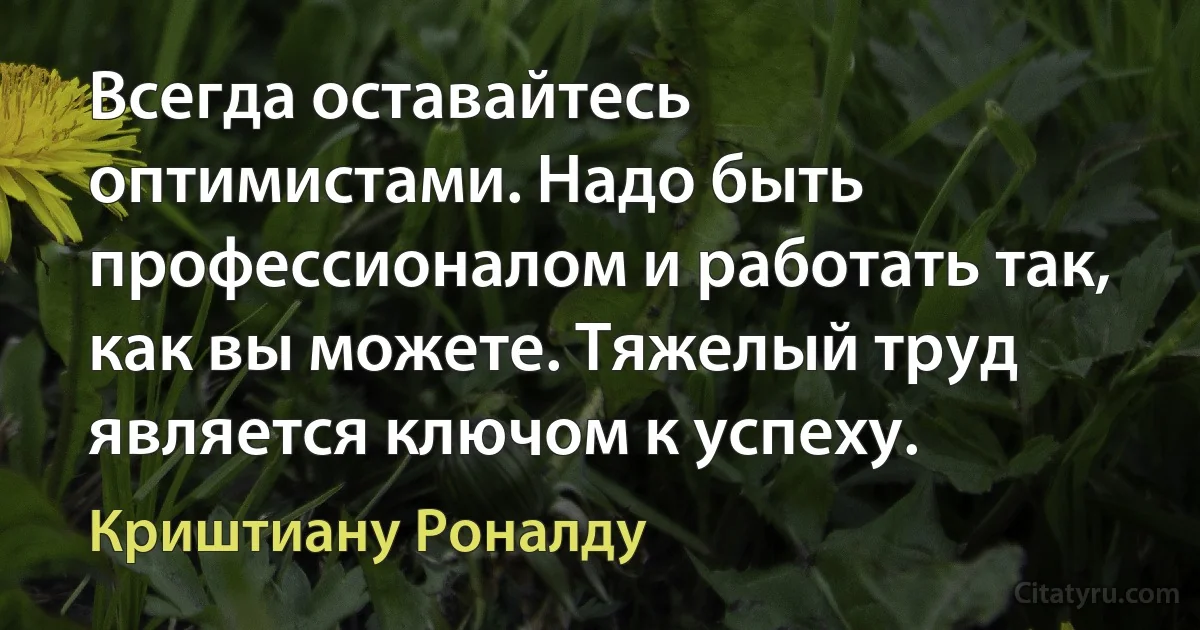 Всегда оставайтесь оптимистами. Надо быть профессионалом и работать так, как вы можете. Тяжелый труд является ключом к успеху. (Криштиану Роналду)