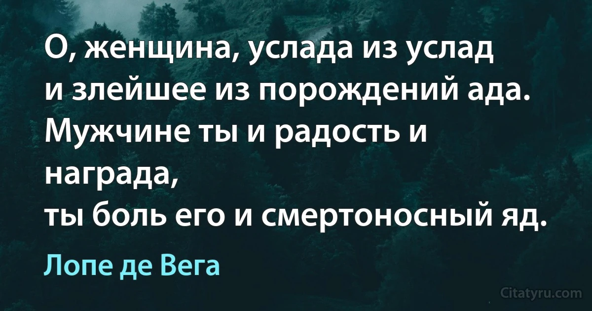 О, женщина, услада из услад
и злейшее из порождений ада.
Мужчине ты и радость и награда,
ты боль его и смертоносный яд. (Лопе де Вега)