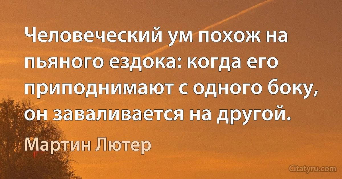 Человеческий ум похож на пьяного ездока: когда его приподнимают с одного боку, он заваливается на другой. (Мартин Лютер)