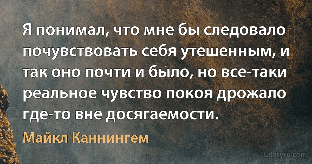 Я понимал, что мне бы следовало почувствовать себя утешенным, и так оно почти и было, но все-таки реальное чувство покоя дрожало где-то вне досягаемости. (Майкл Каннингем)