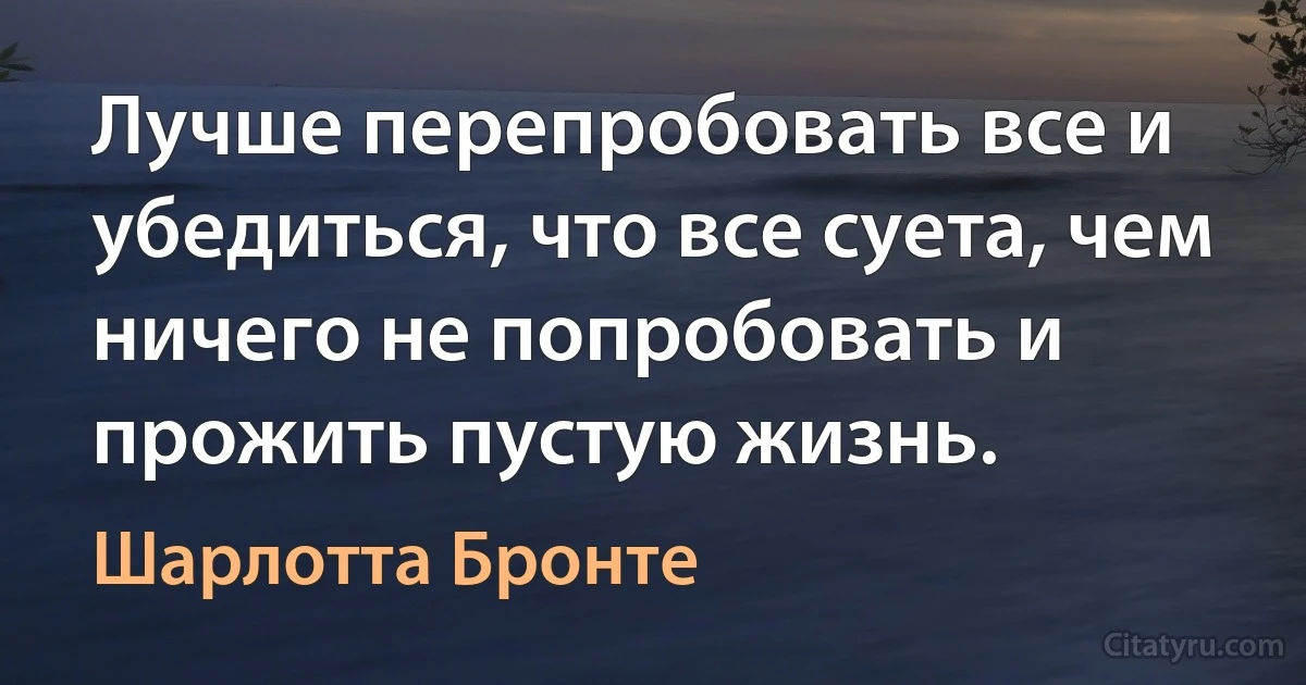 Лучше перепробовать все и убедиться, что все суета, чем ничего не попробовать и прожить пустую жизнь. (Шарлотта Бронте)