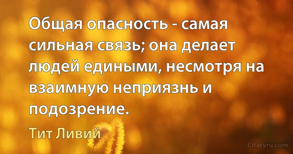 Общая опасность - самая сильная связь; она делает людей едиными, несмотря на взаимную неприязнь и подозрение. (Тит Ливий)