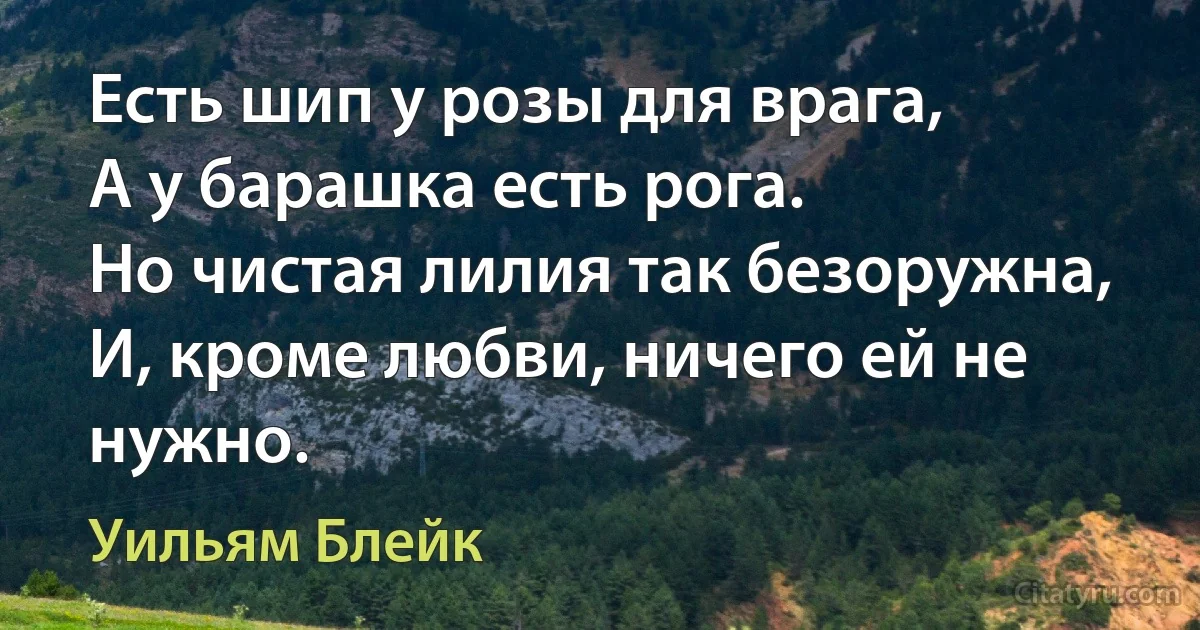 Есть шип у розы для врага,
А у барашка есть рога.
Но чистая лилия так безоружна,
И, кроме любви, ничего ей не нужно. (Уильям Блейк)