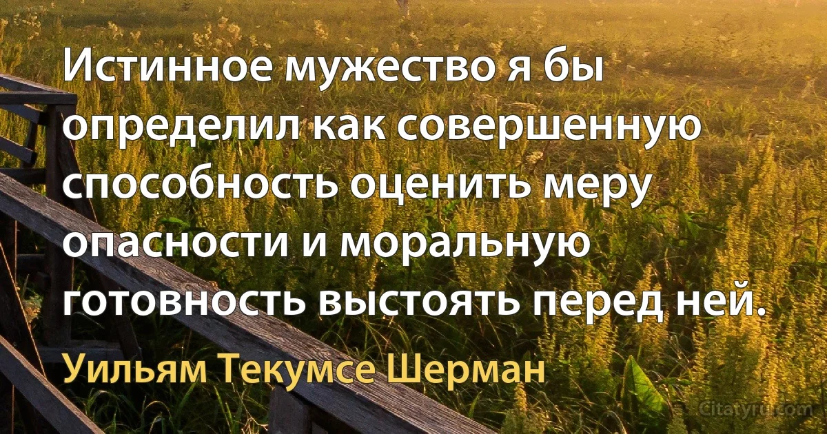 Истинное мужество я бы определил как совершенную способность оценить меру опасности и моральную готовность выстоять перед ней. (Уильям Текумсе Шерман)