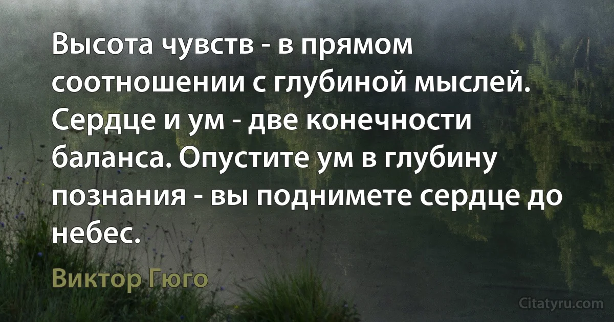 Высота чувств - в прямом соотношении с глубиной мыслей. Сердце и ум - две конечности баланса. Опустите ум в глубину познания - вы поднимете сердце до небес. (Виктор Гюго)