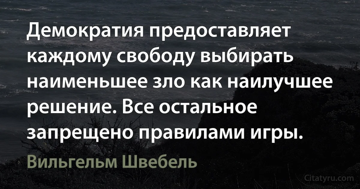 Демократия предоставляет каждому свободу выбирать наименьшее зло как наилучшее решение. Все остальное запрещено правилами игры. (Вильгельм Швебель)