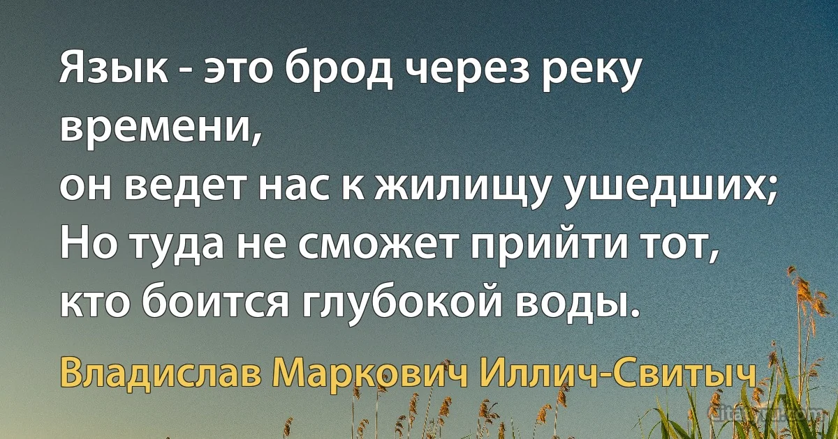 Язык - это брод через реку времени,
он ведет нас к жилищу ушедших;
Но туда не сможет прийти тот,
кто боится глубокой воды. (Владислав Маркович Иллич-Свитыч)