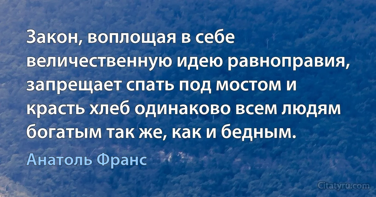 Закон, воплощая в себе величественную идею равноправия, запрещает спать под мостом и красть хлеб одинаково всем людям богатым так же, как и бедным. (Анатоль Франс)