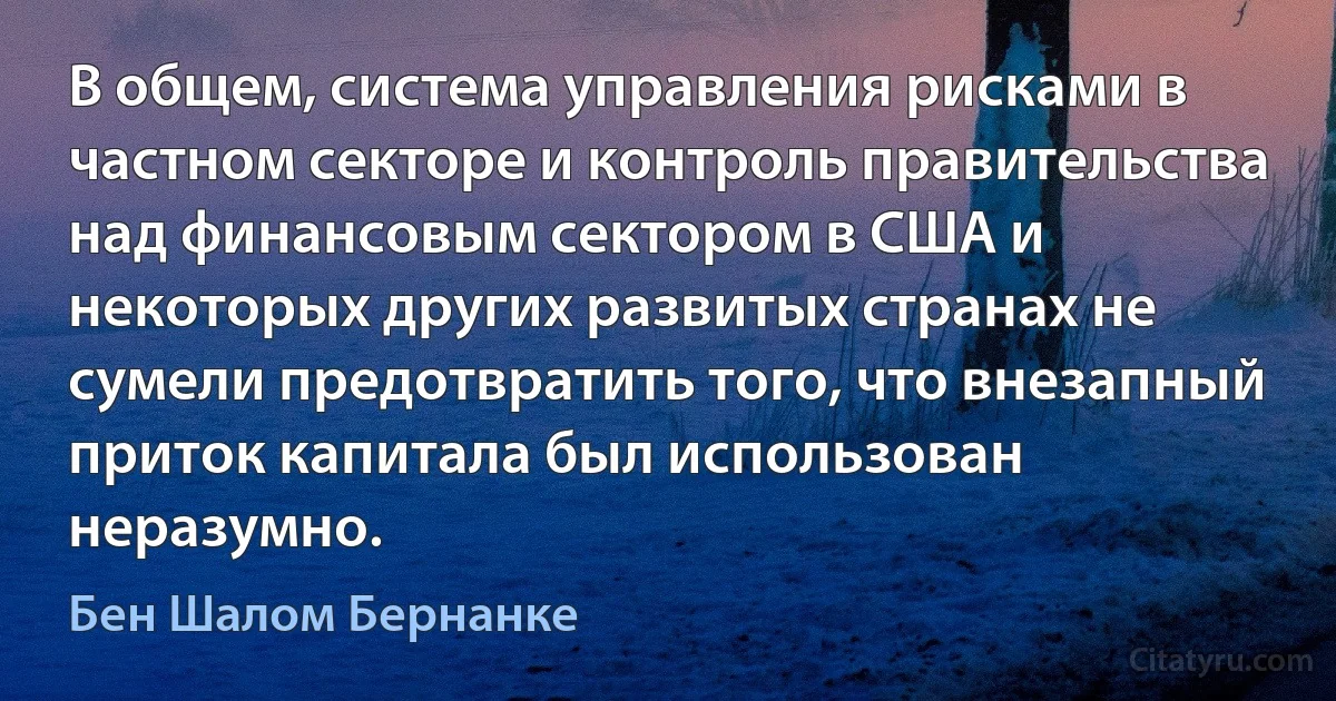 В общем, система управления рисками в частном секторе и контроль правительства над финансовым сектором в США и некоторых других развитых странах не сумели предотвратить того, что внезапный приток капитала был использован неразумно. (Бен Шалом Бернанке)