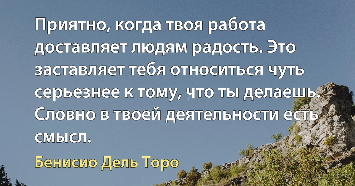 Приятно, когда твоя работа доставляет людям радость. Это заставляет тебя относиться чуть серьезнее к тому, что ты делаешь. Словно в твоей деятельности есть смысл. (Бенисио Дель Торо)