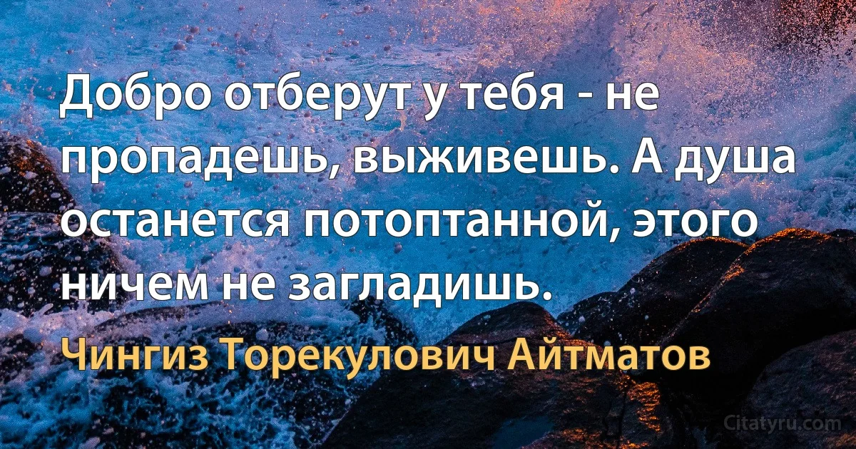 Добро отберут у тебя - не пропадешь, выживешь. А душа останется потоптанной, этого ничем не загладишь. (Чингиз Торекулович Айтматов)